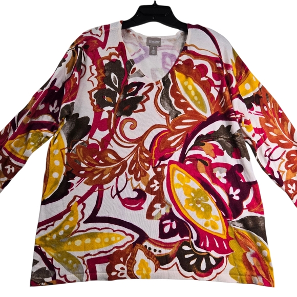 Chico's Watercolor Floral V-Neck Knit Sweater Touch of Cashmere - Picture 2 of 11